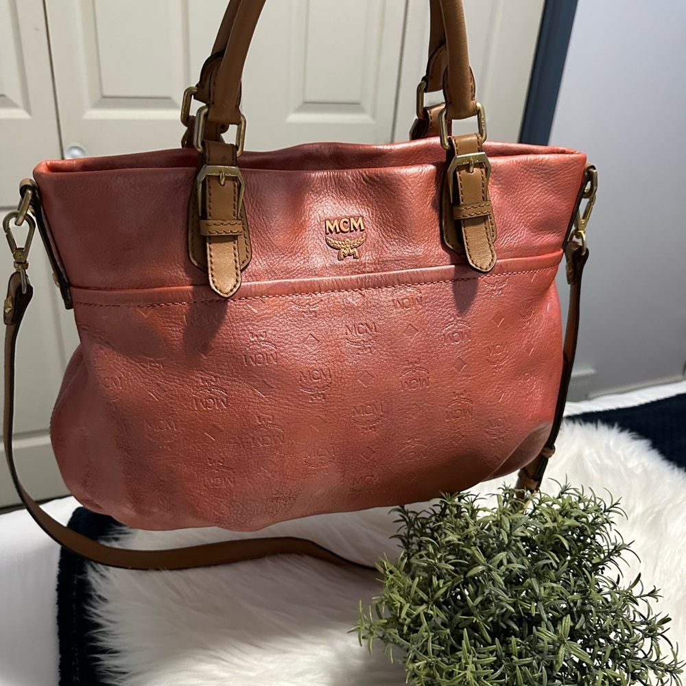 MCM in Metallic Coral Leather Tote with Tan Accents